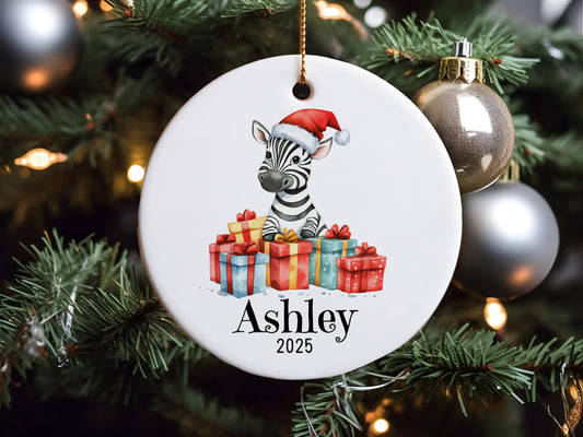 Personalized Zebra Christmas Ornament, Custom Name Ceramic Keepsake, Baby First Xmas Decoration, Kids Holiday Gift, Cute Animal Decor