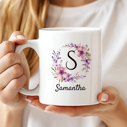 Personalized Monogram Mug with Name, Custom Initial Mug, Multiple Color Options, Floral Coffee Mug Gift, 11oz 15oz Sizes, Custom Name Cup