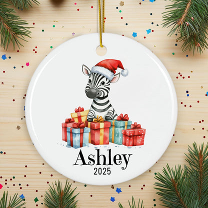 Personalized Zebra Christmas Ornament, Custom Name Ceramic Keepsake, Baby First Xmas Decoration, Kids Holiday Gift, Cute Animal Decor