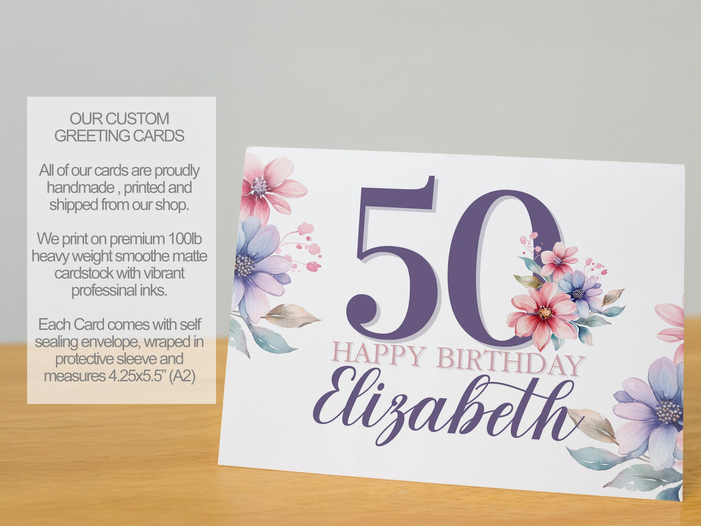 Personalized Floral Birthday Card for Her, Custom Age & Name Greeting, Purple Pastel Flowers, Handmade A2 Card, Blank Inside, Elegant