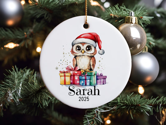 Personalized Owl Christmas Ornament, Custom Name Ceramic Keepsake, Baby First Xmas Decoration, Kids Animal Gift, Festive Tree Decor