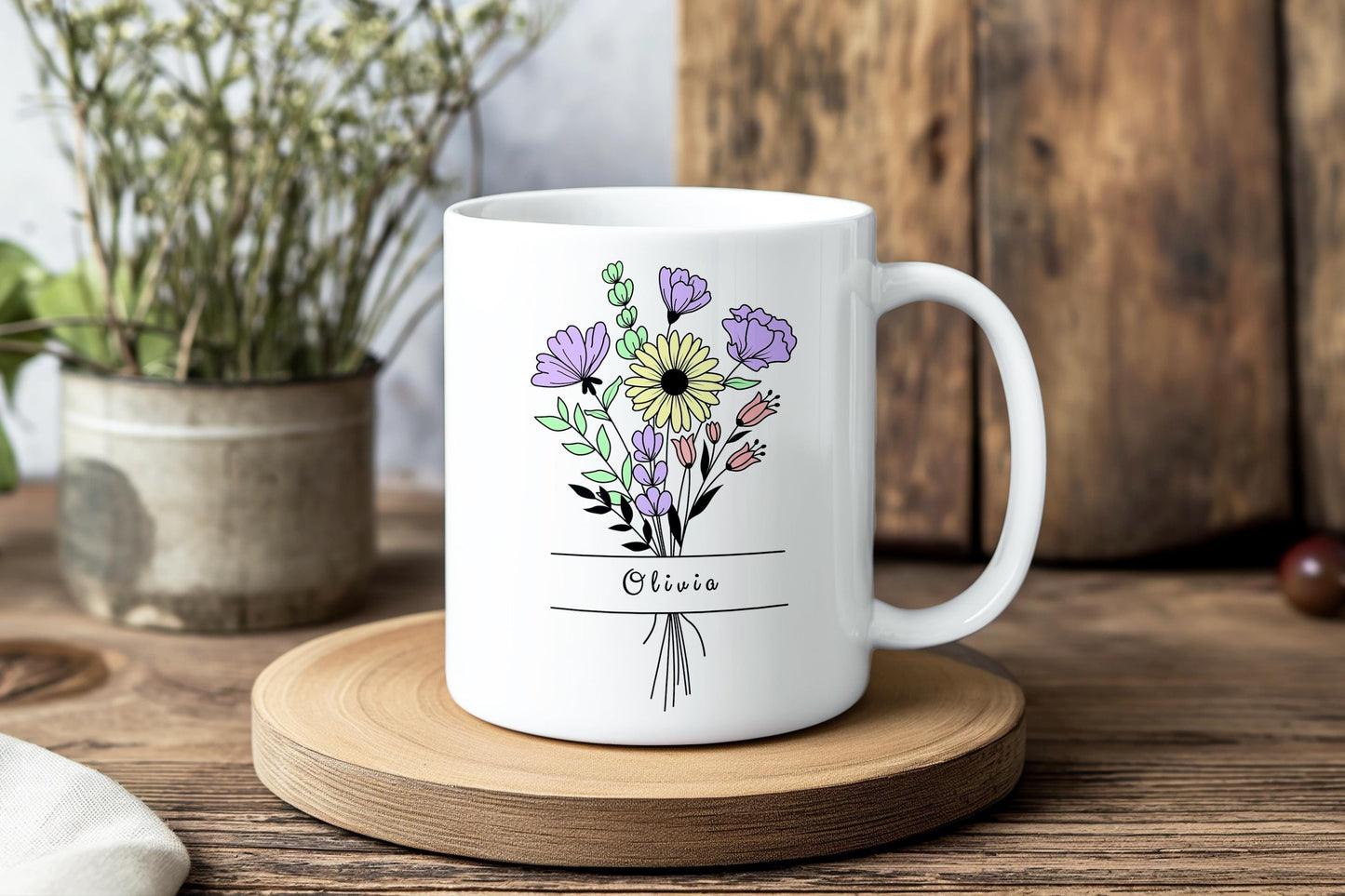 Personalized Flower Name Mug, Custom Name Coffee Mug With Boho Floral Bouquet, Gift for Her, Custom Mug for Women, Birthday Gift, Name Cup