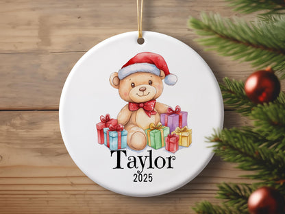 Personalized Teddy Bear Christmas Ornament, Custom Ceramic Holiday Keepsake, Baby First Xmas Gift, Kids Name Decoration, Tree Decor