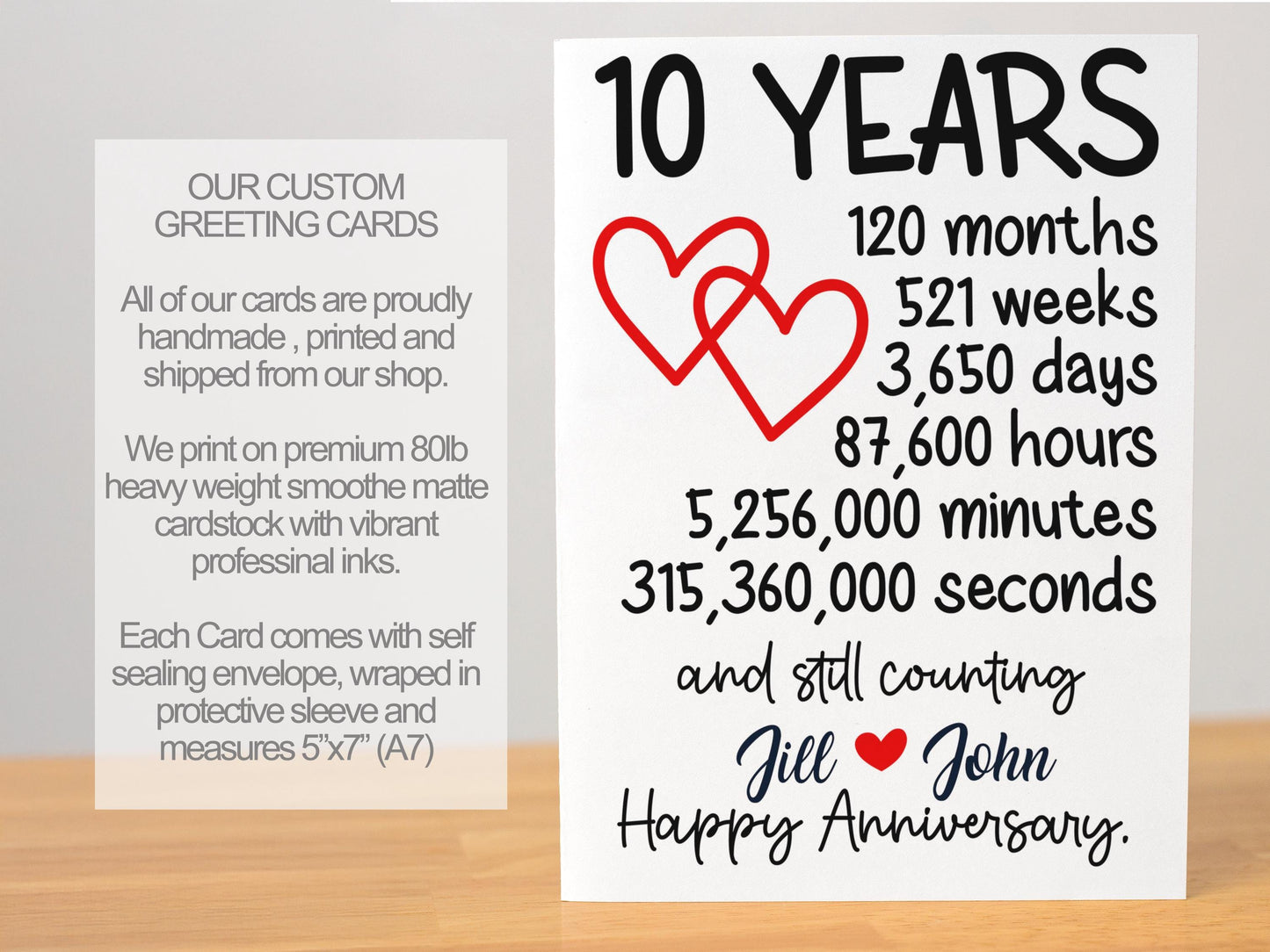 10 Year Anniversary Card, Custom Personalized Greeting, Romantic Decade Milestone, Love Celebration Card, Keepsake for Couples Gift