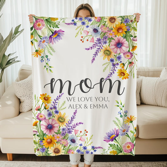 Personalized Floral Mom Blanket, Custom name blanket, Wildflower Blanket, Custom Gift for Mother's Day, For Mom, Children's Name Blanket