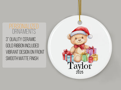 Personalized Teddy Bear Christmas Ornament, Custom Ceramic Holiday Keepsake, Baby First Xmas Gift, Kids Name Decoration, Tree Decor