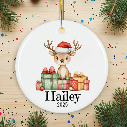 Personalized Reindeer Christmas Ornament, Custom Name Holiday Decoration, Kids Ceramic Keepsake, Baby's First Xmas Gift, Tree Decor