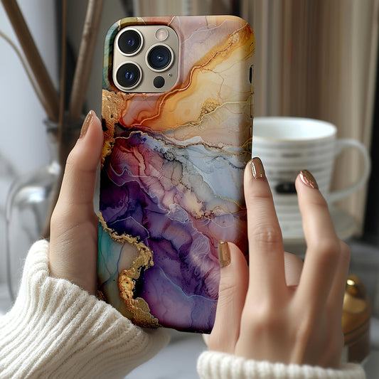 Luxury Sunset Marble iPhone Case | Purple Gold Amber Ink Art | Agate Design | Compatible with iPhone, Samsung Galaxy Tough Case Protection