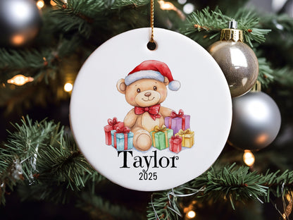 Personalized Teddy Bear Christmas Ornament, Custom Ceramic Holiday Keepsake, Baby First Xmas Gift, Kids Name Decoration, Tree Decor