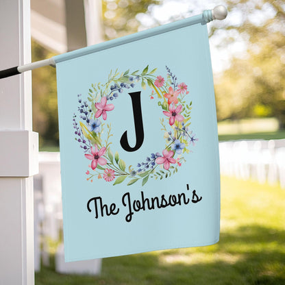 Personalized Garden Flag | Monogram Floral Wreath | Custom Family Name Flag | Spring Summer Yard Decor | Mint Blue Housewarming Gift