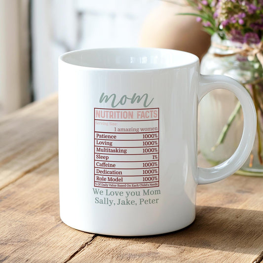 Personalized Mom Nutrition Facts Mug, Custom Mother's Day Gift from Kids, Funny Coffee Cup for Mom, Mom Birthday Gift, We Love You Mug