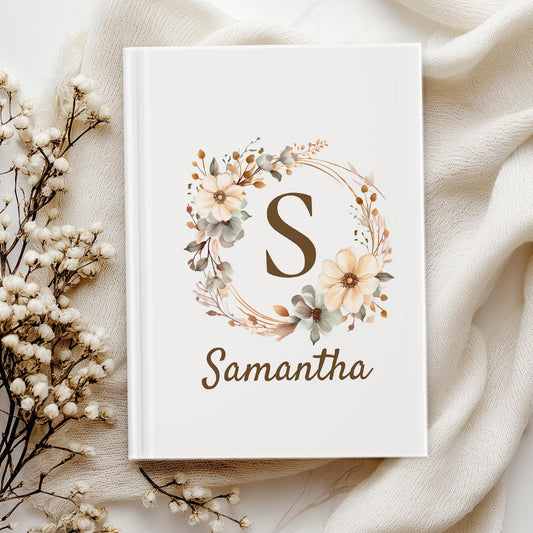 Personalized Boho Floral Monogram Journal, Custom Hardcover Notebook, Elegant Flower Diary, Bridesmaid Gift, Mothers Day Gift for Her