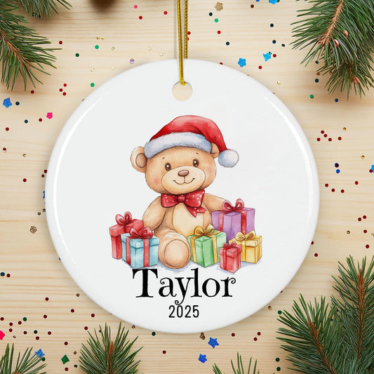 Personalized Teddy Bear Christmas Ornament, Custom Ceramic Holiday Keepsake, Baby First Xmas Gift, Kids Name Decoration, Tree Decor