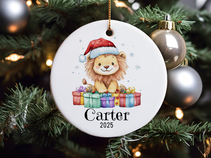 Personalized Lion Christmas Ornament, Custom Ceramic Holiday Keepsake, Kids Name Decoration, Baby First Xmas Gift, Cute Animal Decor
