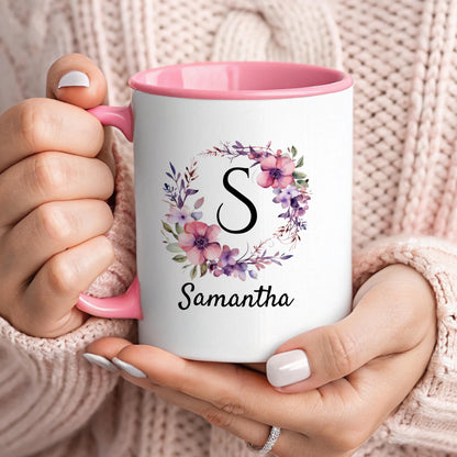 Personalized Monogram Mug with Name, Custom Initial Mug, Multiple Color Options, Floral Coffee Mug Gift, 11oz 15oz Sizes, Custom Name Cup