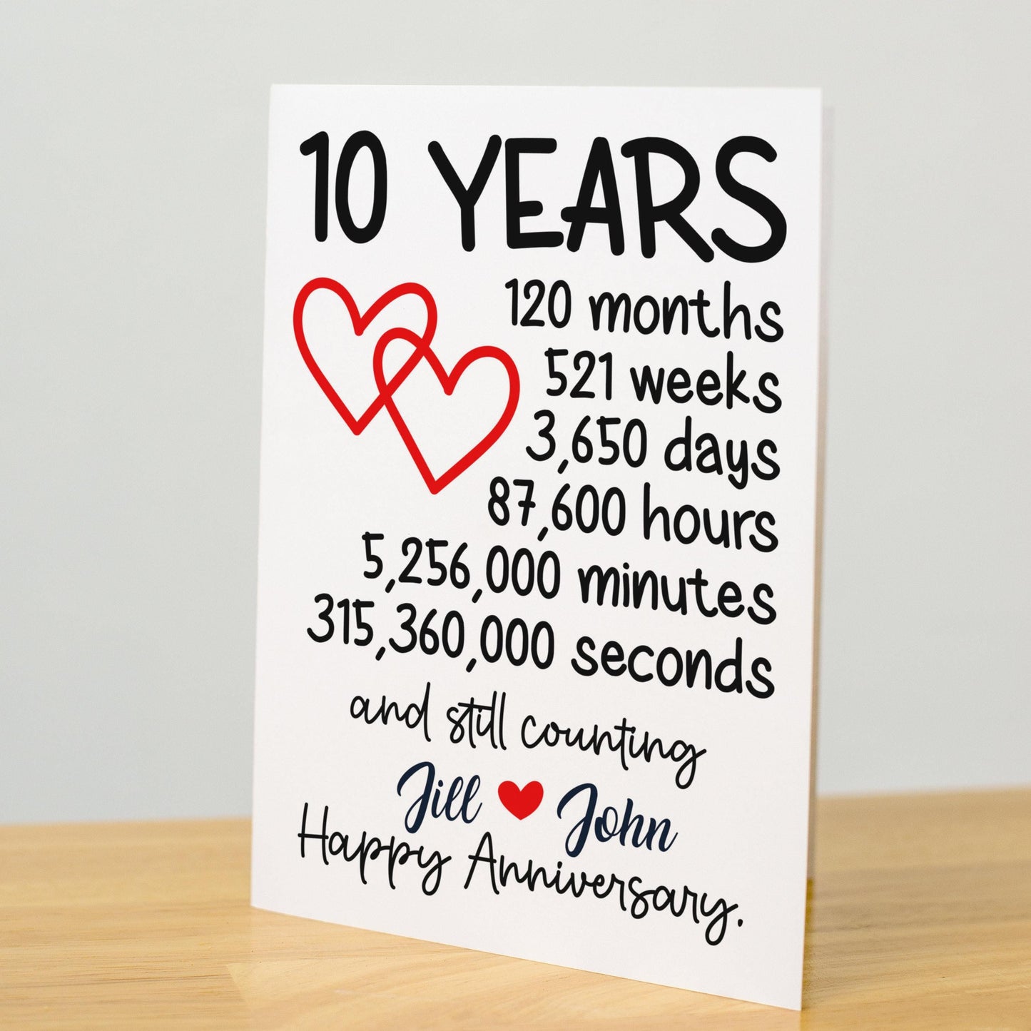 10 Year Anniversary Card, Custom Personalized Greeting, Romantic Decade Milestone, Love Celebration Card, Keepsake for Couples Gift