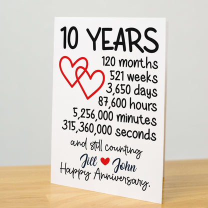 10 Year Anniversary Card, Custom Personalized Greeting, Romantic Decade Milestone, Love Celebration Card, Keepsake for Couples Gift