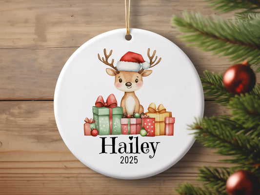 Personalized Reindeer Christmas Ornament, Custom Name Holiday Decoration, Kids Ceramic Keepsake, Baby's First Xmas Gift, Tree Decor