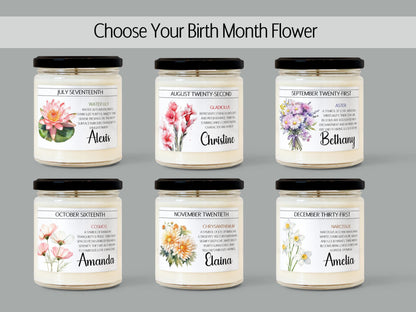 Personalized Birth Flower, Birthdate Candle,  Custom Birth Month Flower Gift, Womens Candle with Name, Custom Birthday Gifts for Her