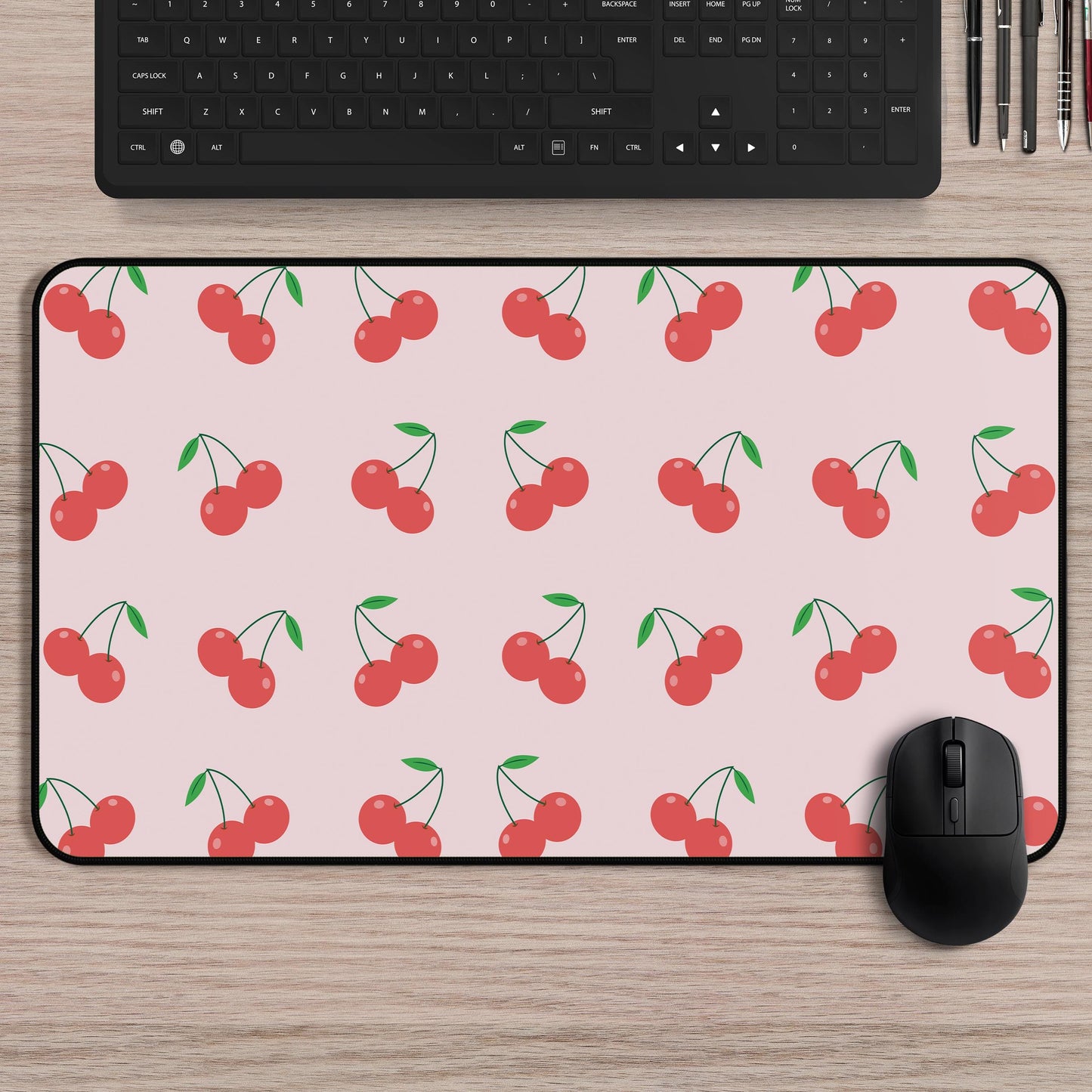 Cute Pink Cherry Mousepad, Red Cherries Gaming Mat, Cute Pink Desk Mat, Large Pink Mouse Pad, Women's Gaming Mats, Cherry Office Decor