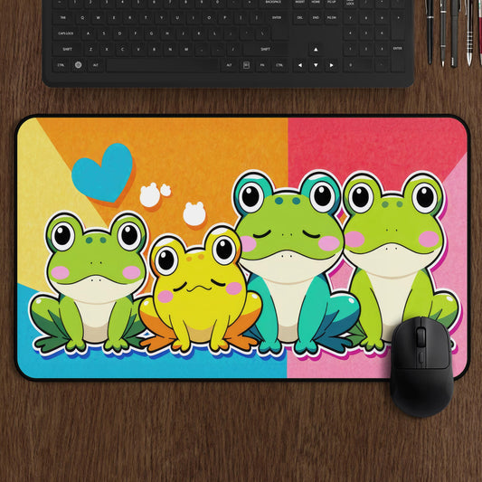 Cute Frog Desk Mat for Gamers, Colorful Kawaii Frogs Extended Mouse Pad, Large Desk Pad Gift for Her, Kids or Office Aesthetic Decor