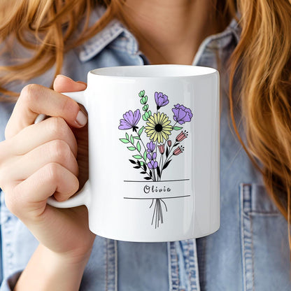 Personalized Flower Name Mug, Custom Name Coffee Mug With Boho Floral Bouquet, Gift for Her, Custom Mug for Women, Birthday Gift, Name Cup