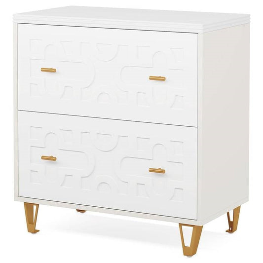 Retro White/Gold Geometric Scroll 2 Drawer Filing Cabinet Printer Stand