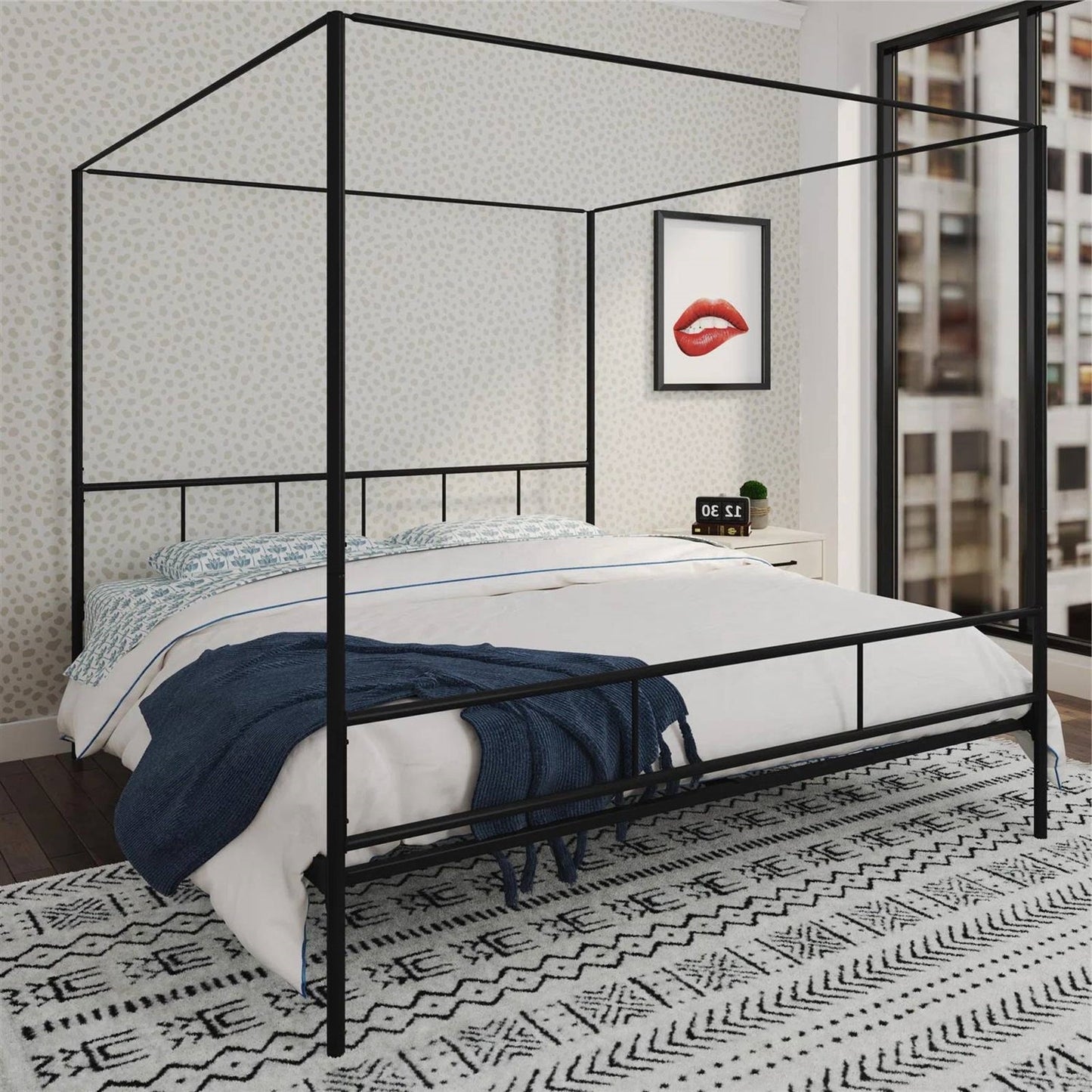King size Black Metal Canopy Bed Frame with Headboard and Footboard