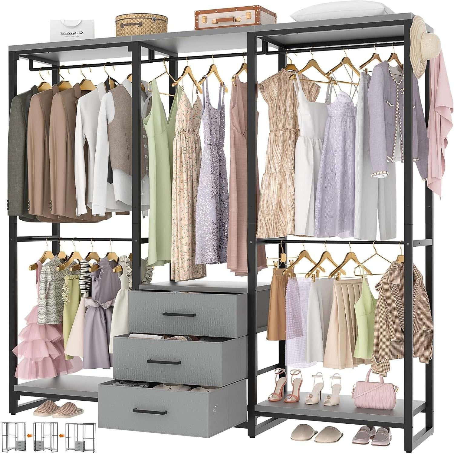 Heavy Duty Black Grey Freestanding Garment Rack Closet Wardrobe with 3 Drawers