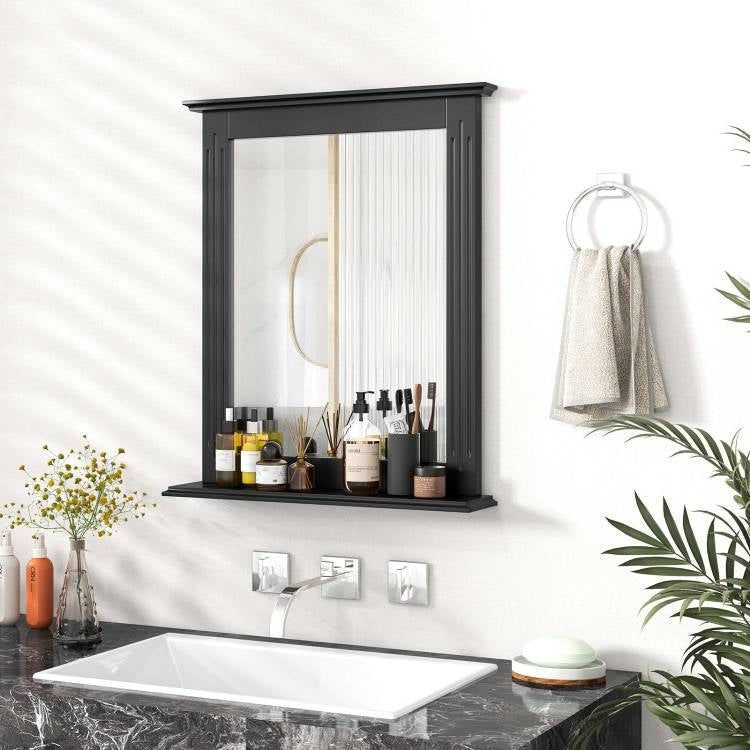 Black Rectangular 27 x 22.5 inch Wall-Mounted Bathroom Mirror with Storage Shelf