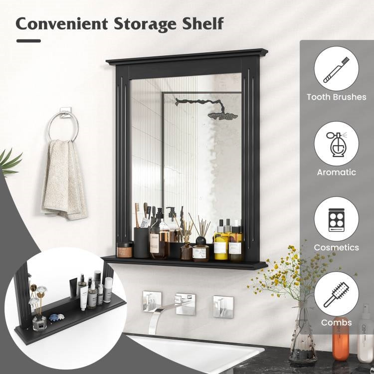 Black Rectangular 27 x 22.5 inch Wall-Mounted Bathroom Mirror with Storage Shelf