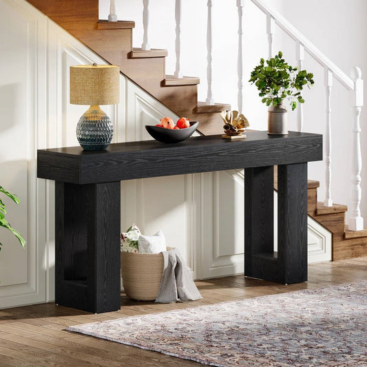 Modern Farmhouse 63-inch Narrow Entryway Console Sofa Table in Black Wood Finish