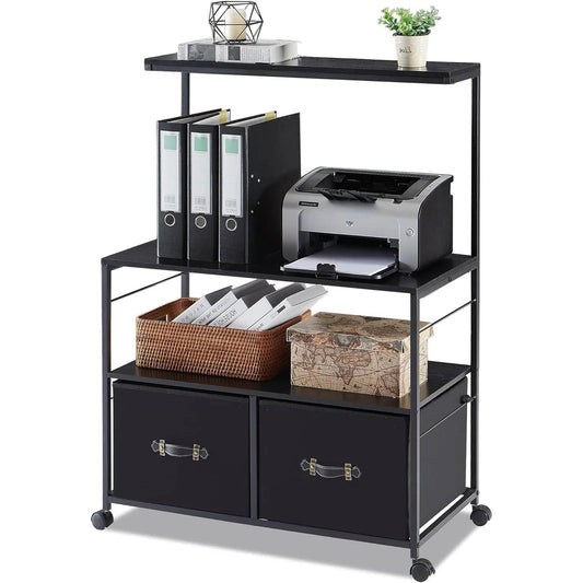 Industrial Modern Black Metal Wood Printer Stand File Cabinet w/ Fabric Drawers