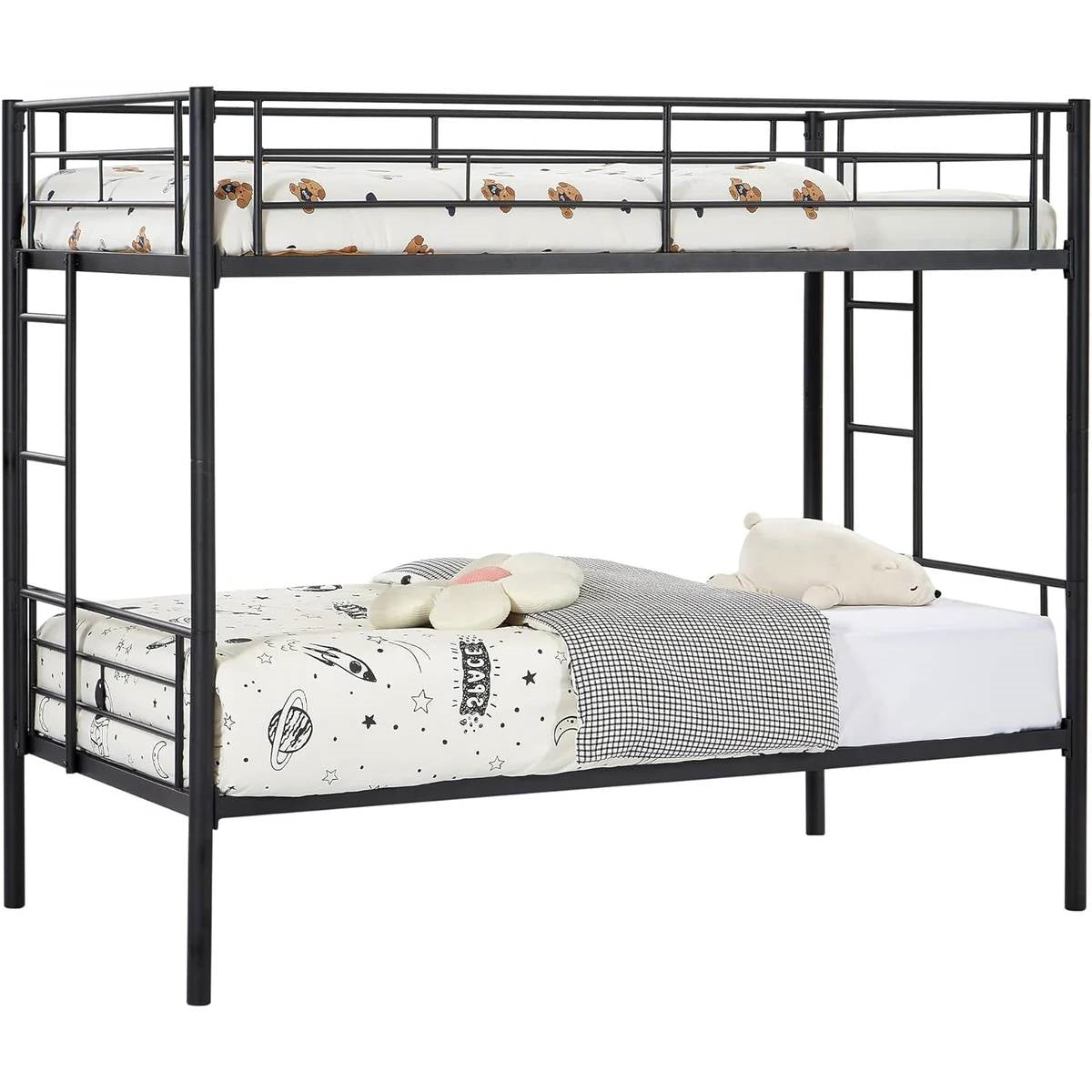Sturdy Black Metal Twin over Twin Bunk Bed Frame with Two Side Ladders