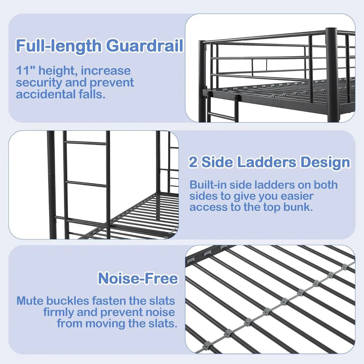 Sturdy Black Metal Twin over Twin Bunk Bed Frame with Two Side Ladders