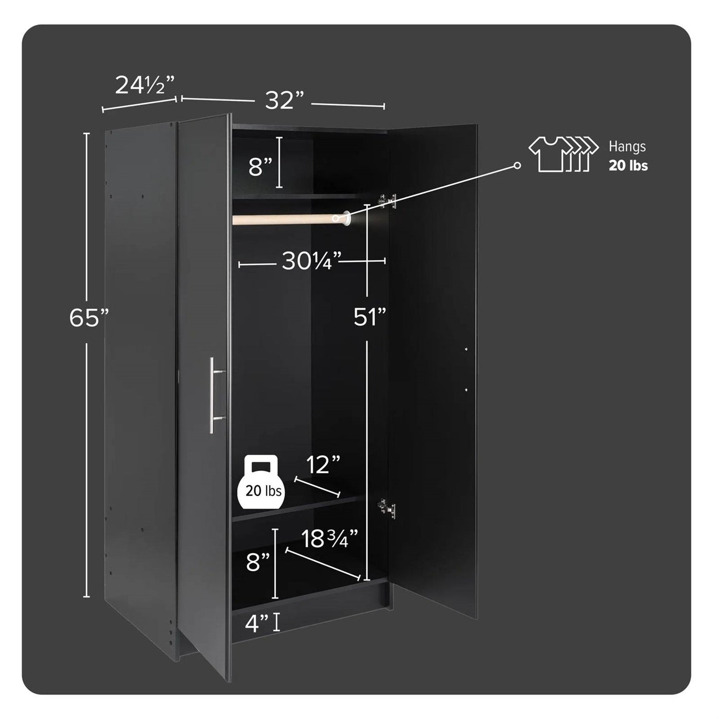 Bedroom Armoire Wardrobe Cabinet with Hanging Rail in Black Wood Finish