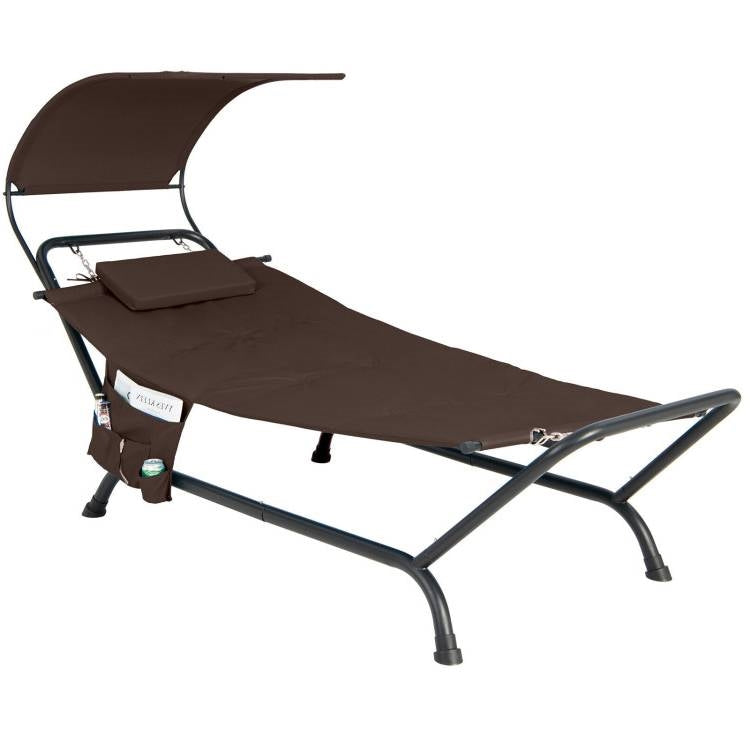 Brown Polyester Chaise Lounge Chair Hammock with Canopy and Storage Bag