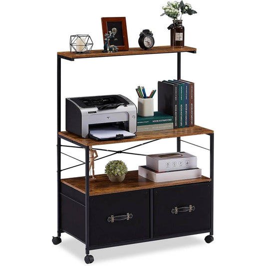 Industrial Metal Wood Printer Stand File Cabinet with Fabric Drawers