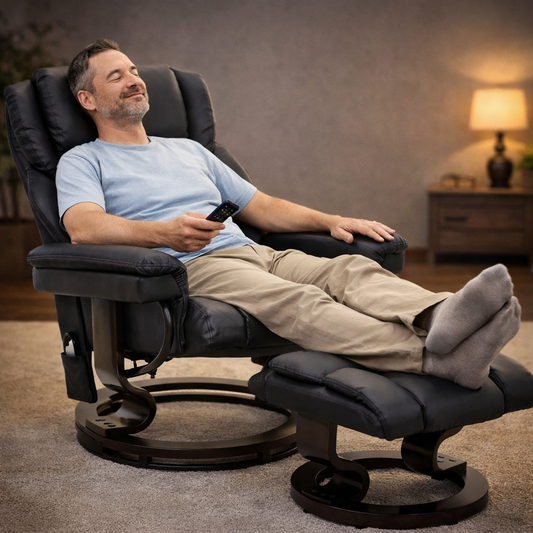Adjustable Black Faux Leather Remote Massage Recliner Chair w/ Ottoman