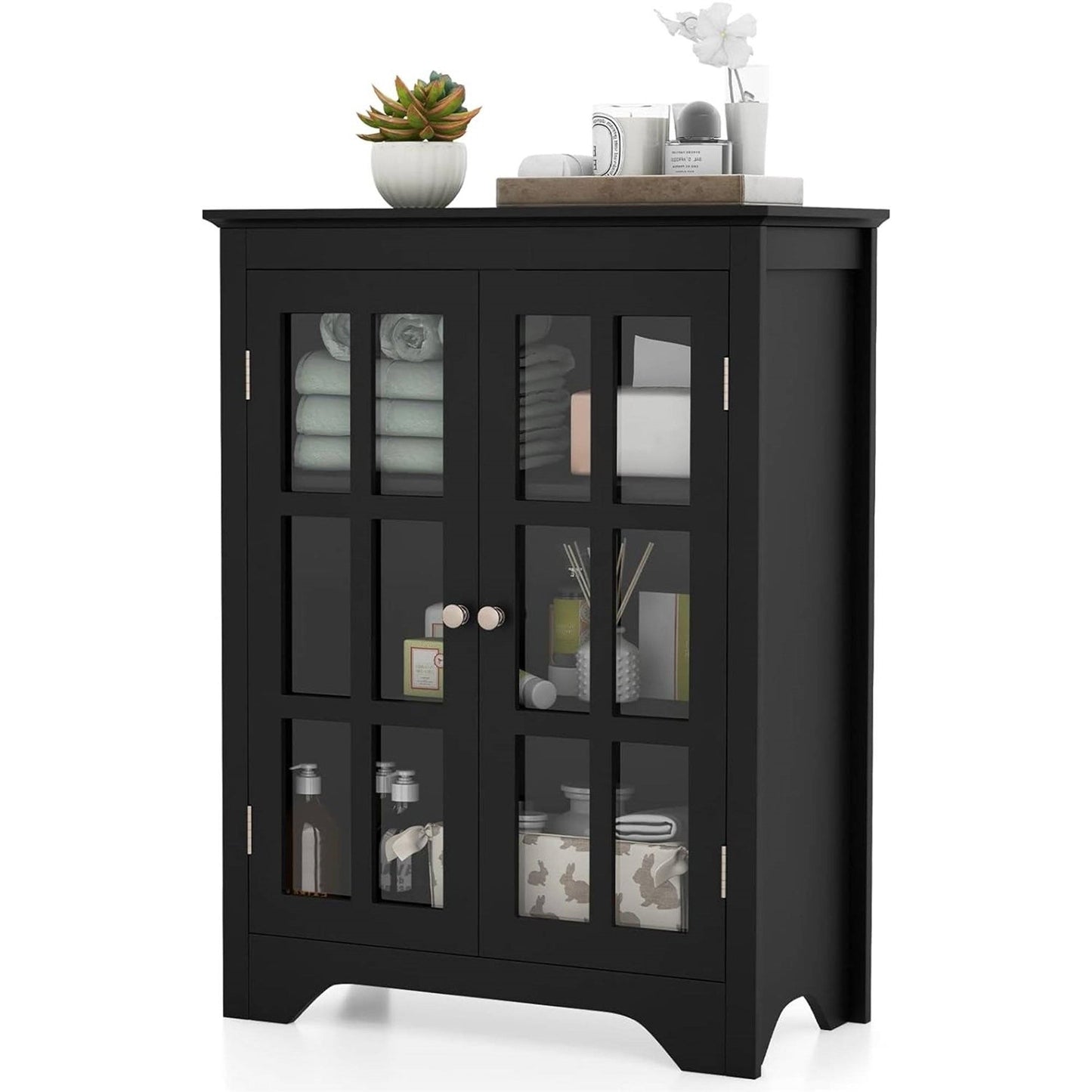 Black Bathroom Storage Linen Cabinet with Adjustable Shelves and Glass Doors