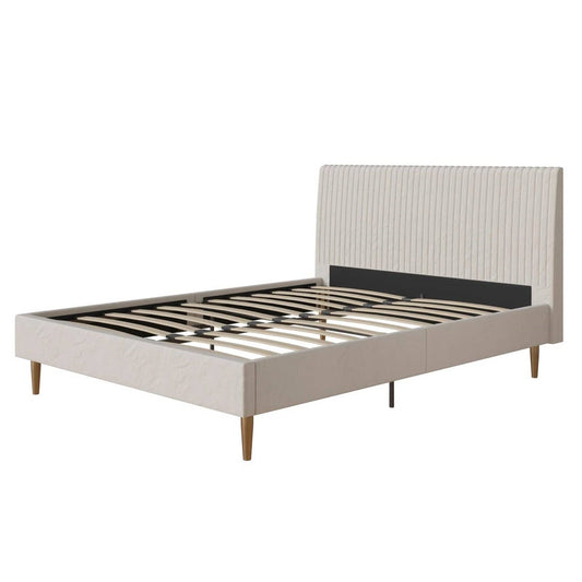 Full size Off-White Ivory Cream Upholstered Platform Bed Frame with Headboard