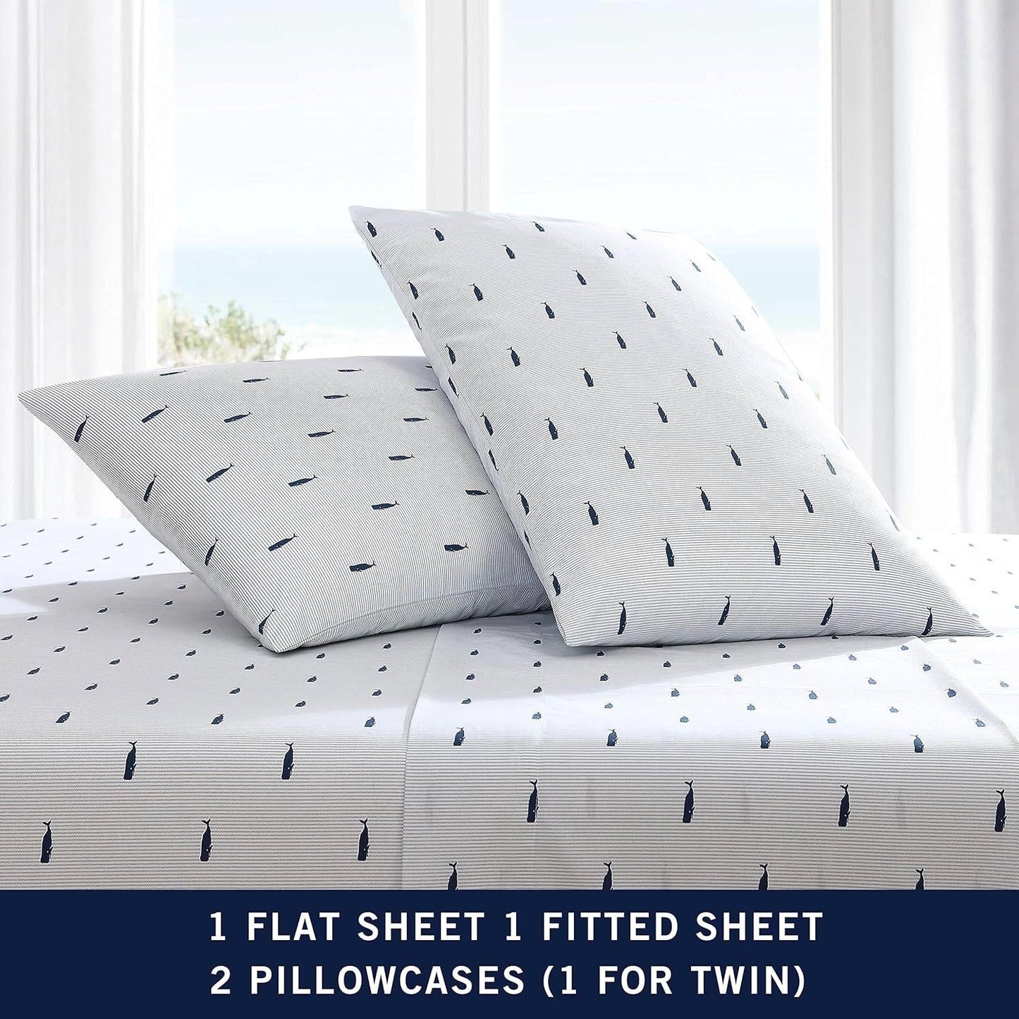Full size Coastal Beach 100-Percent Cotton Navy Blue White Stripe Sheet Set