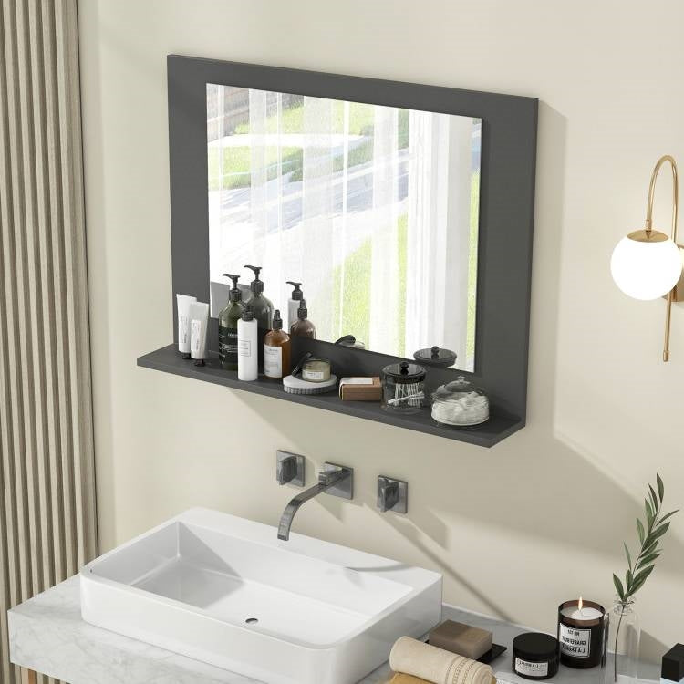 Rectangular 23 x 17 inch Bathroom Mirror with Storage Shelf in Grey Wood Finish