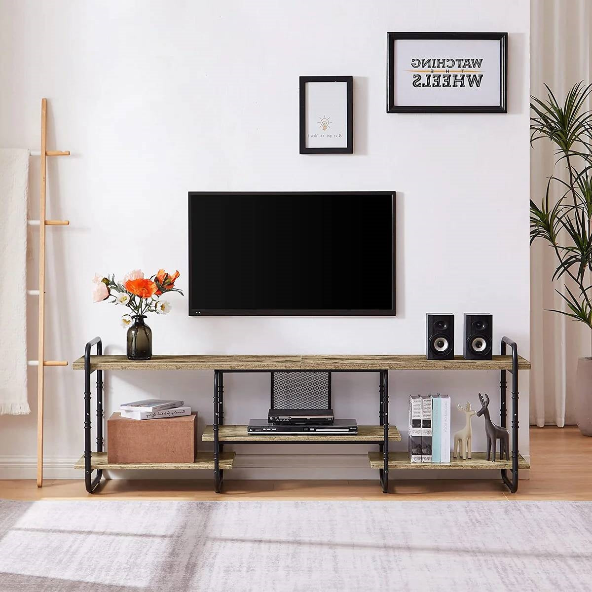 Modern Grey Wood Black Metal Entertainment Center TV Stand for TV up to 75-inch