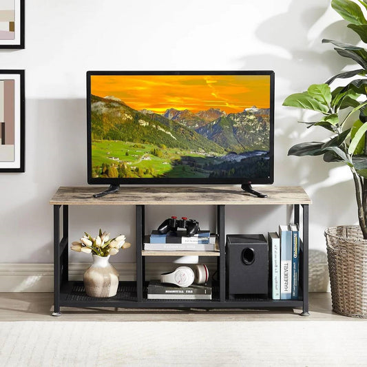 Industrial Modern Black Metal Grey Wood TV Stand with Media Storage Shelf