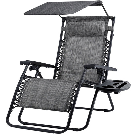 Grey Zero Gravity Folding Reclining Patio Lounge Chair with Canopy Sun Shade