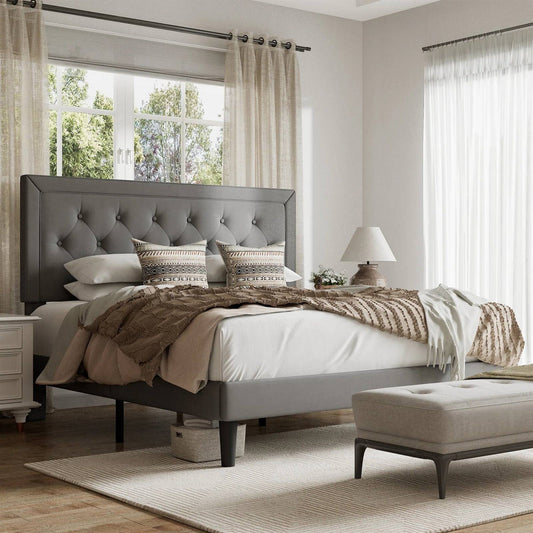 Full size Grey Linen Upholstered Platform Bed Frame with Button-Tufted Headboard