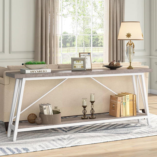 Heavy Duty 70-inch Industrial Grey Wood Top Sofa Table with White Metal Frame