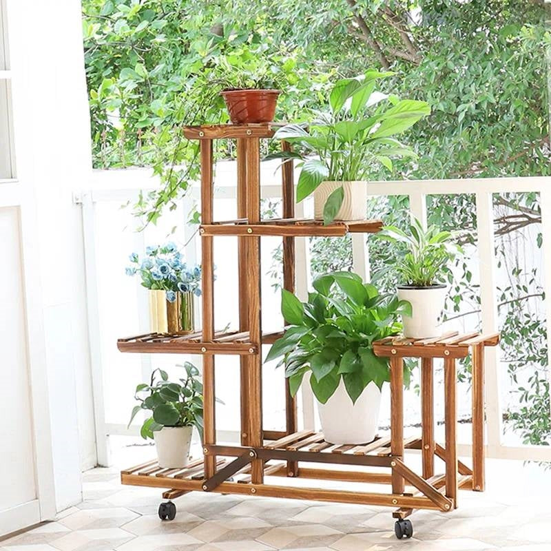 6-Shelf Portable Wooden Flower Pot Plant Stand with Locking Wheels
