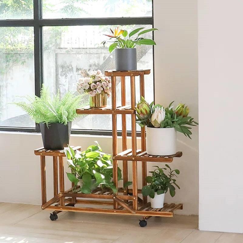6-Shelf Portable Wooden Flower Pot Plant Stand with Locking Wheels